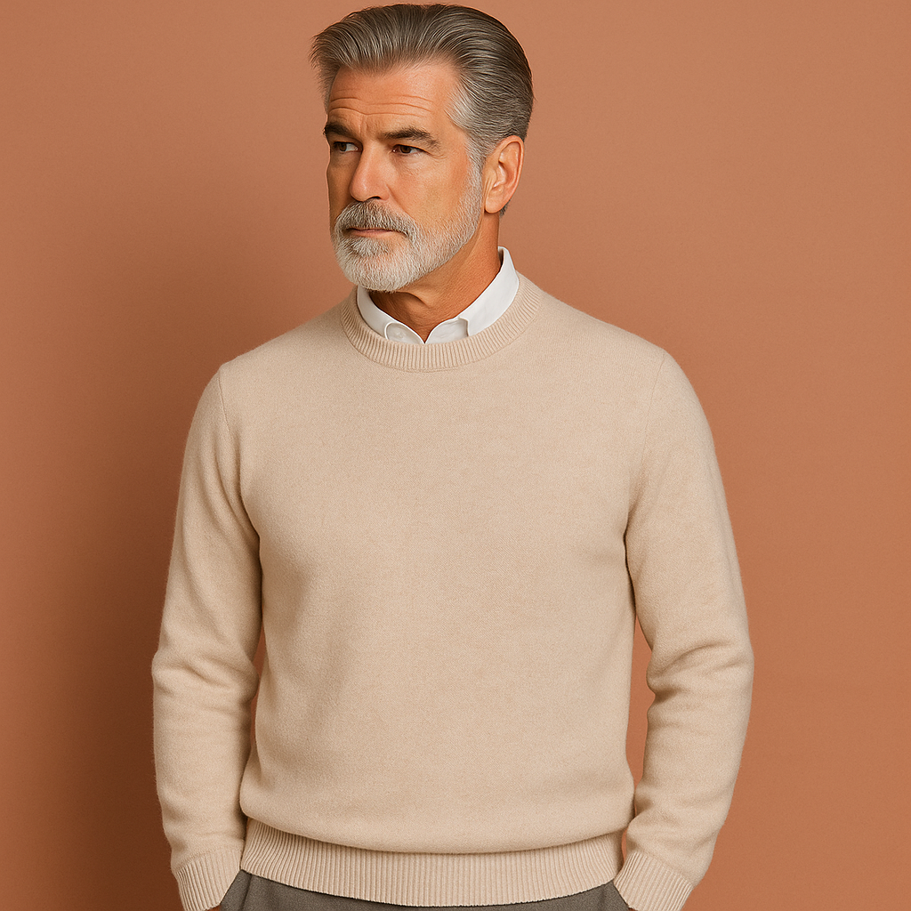 Men’s classic sweater in beige with timeless design, lightweight and comfortable for elegant everyday wear.