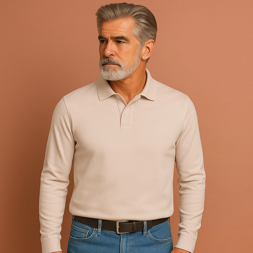 Men’s long sleeve polo in beige with timeless design, soft and comfortable for casual and stylish outfits.