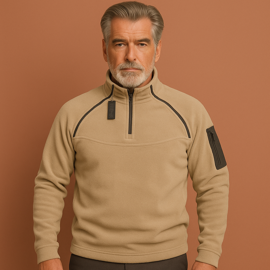 Men’s windproof tactical fleece sweater in beige, soft and comfortable for outdoor and casual outfits.