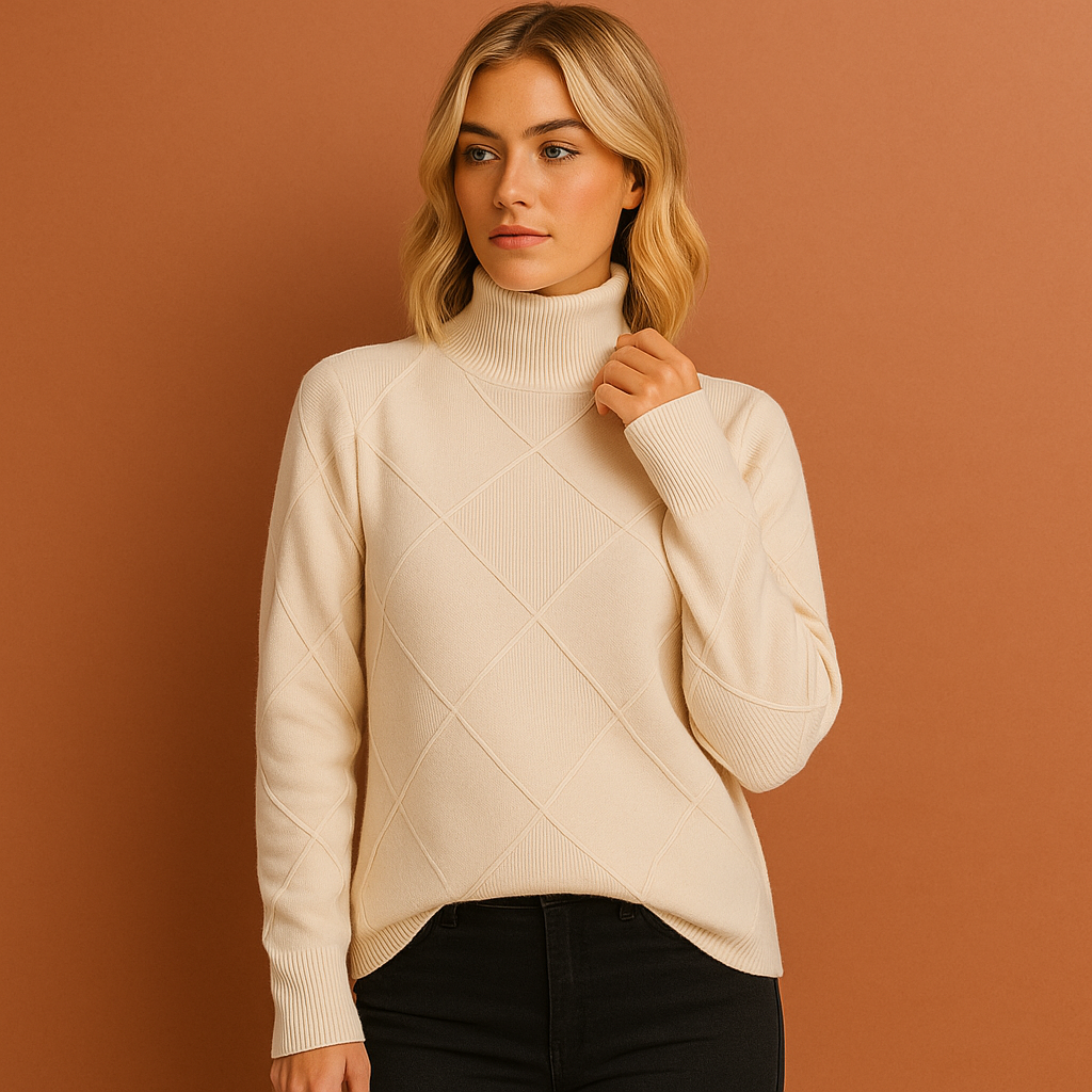 Women’s turtleneck jumper in beige with geometric pattern, soft and comfortable for casual and stylish outfits.