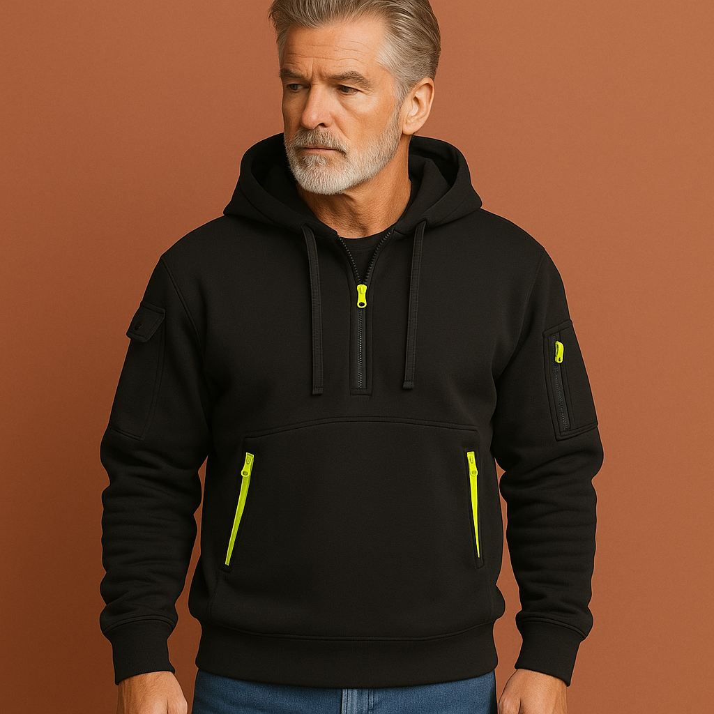 Men’s functional hoodie in black with multiple pockets, soft and comfortable for casual and outdoor outfits.
