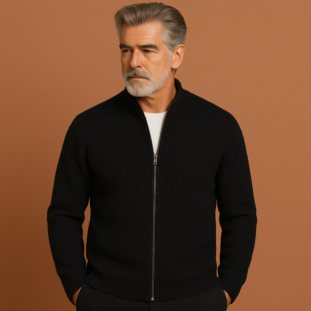 Men’s premium cardigan in black with button closure, soft and comfortable for casual and elegant outfits.