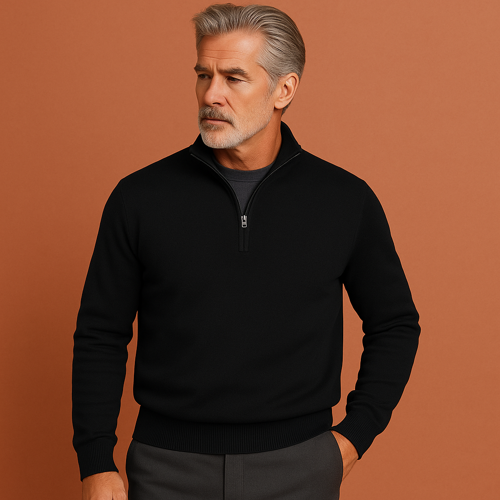 Men’s quarter-zip sweater in black with classic design, soft and comfortable for casual and stylish outfits.