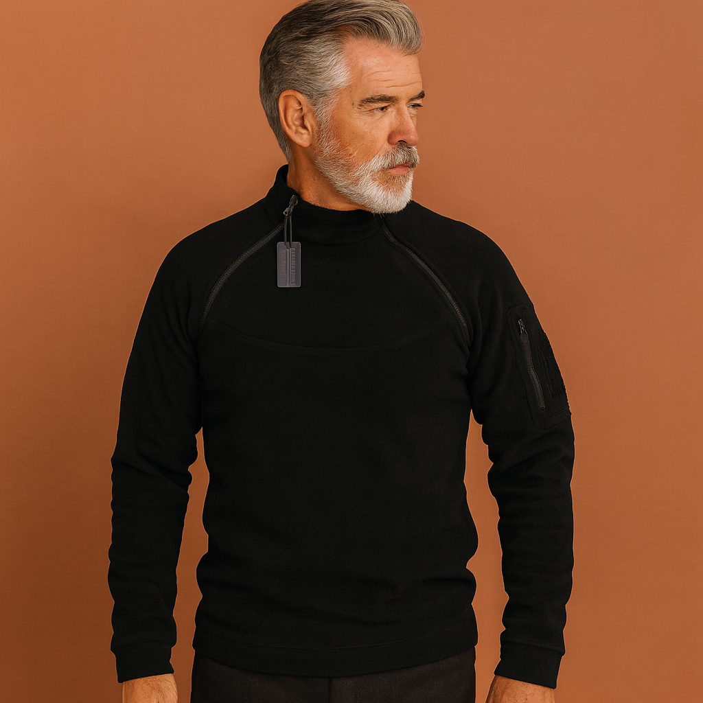 Men’s windproof tactical fleece sweater in black, soft and comfortable for outdoor and casual outfits.