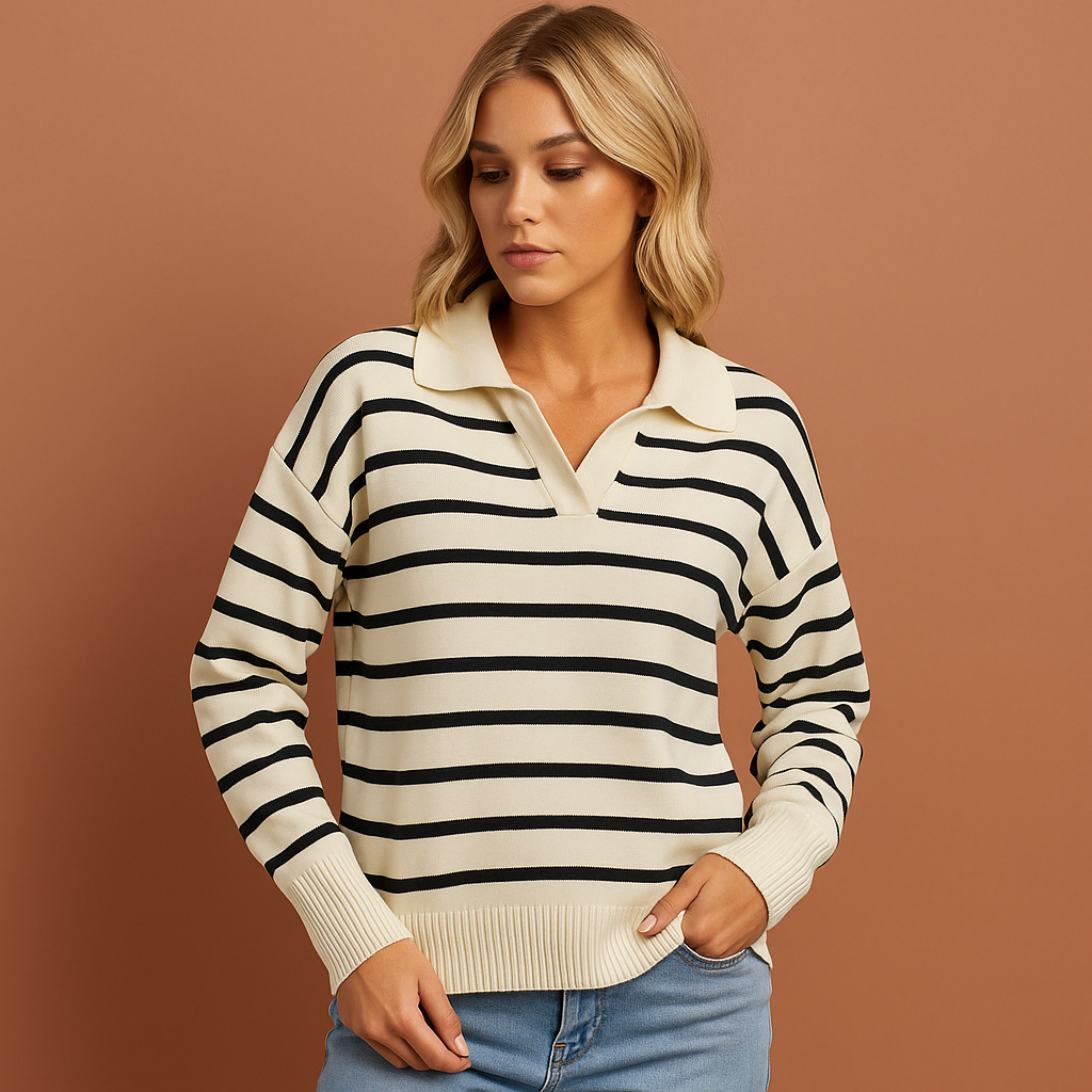 Women’s long sleeve polo in black with striped design, soft and comfortable for casual and stylish outfits.