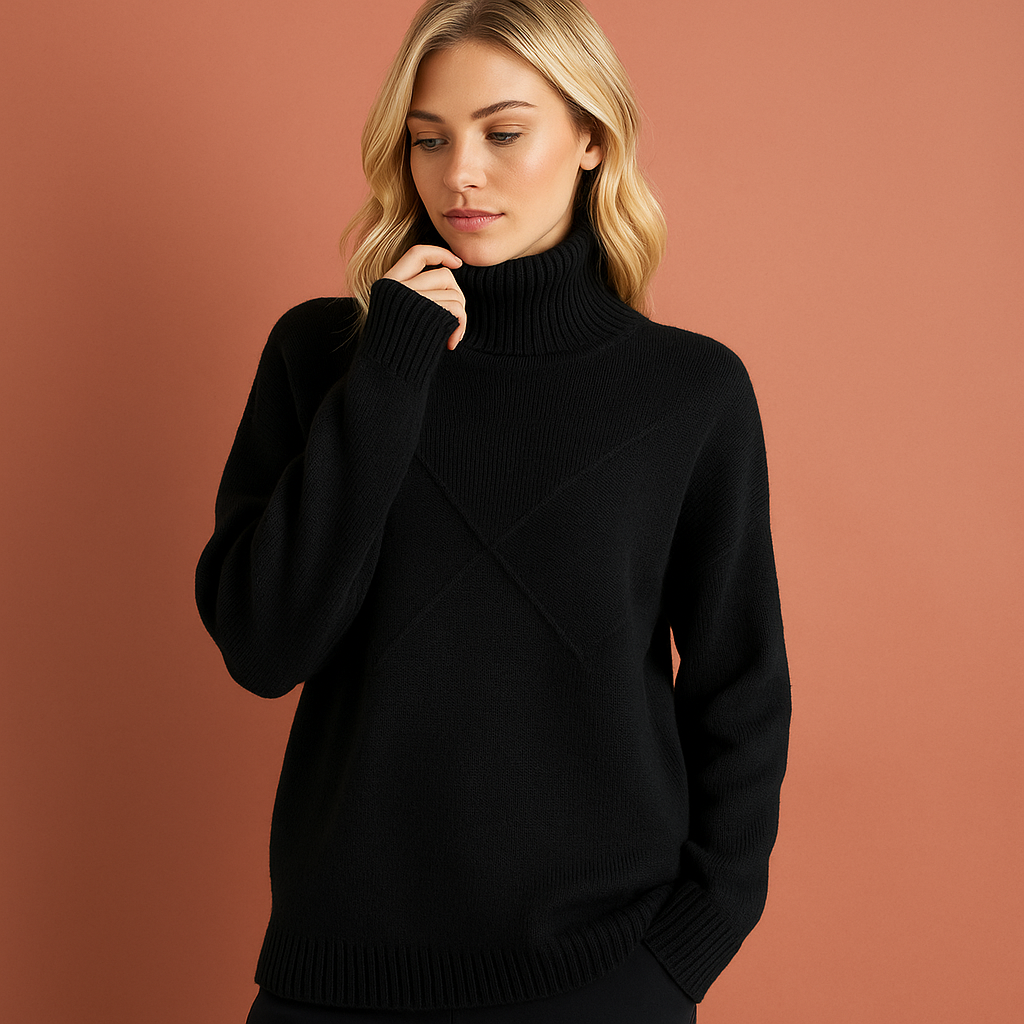 Women’s turtleneck jumper in black with geometric pattern, soft and comfortable for casual and stylish outfits.