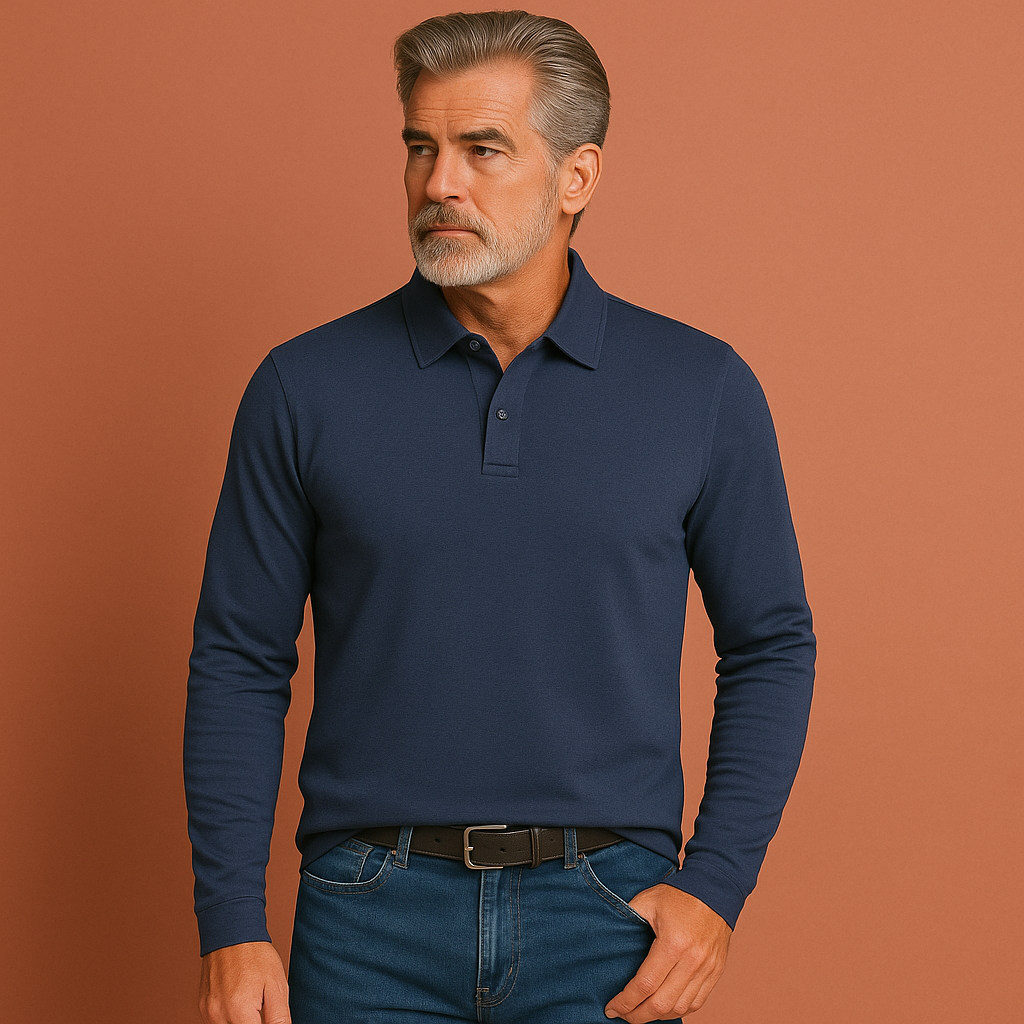 Men’s long sleeve polo in blue with timeless design, soft and comfortable for casual and stylish outfits.