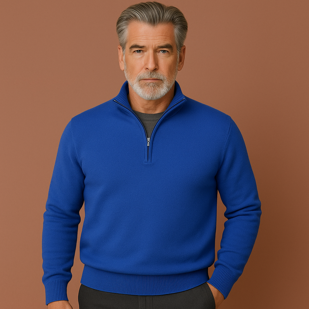 Men’s quarter-zip sweater in blue with classic design, soft and comfortable for casual and stylish outfits.