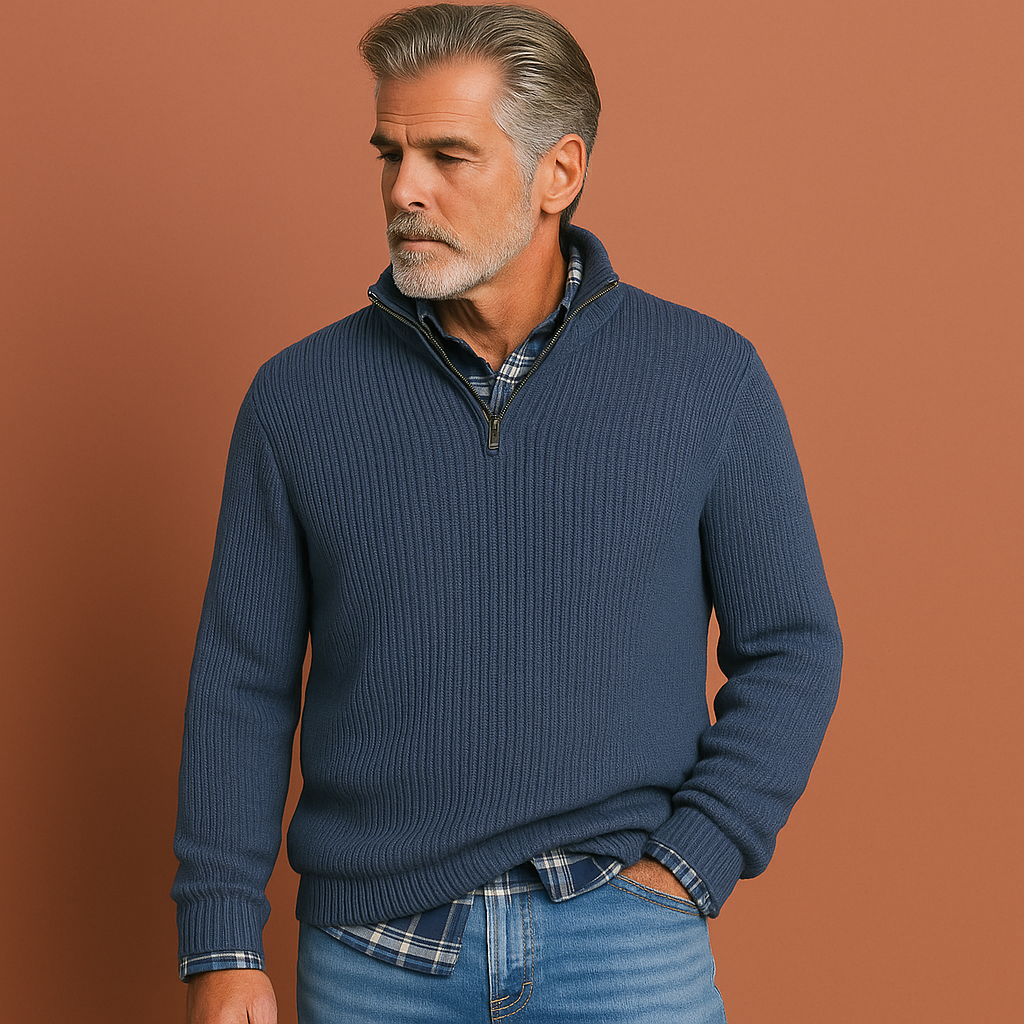 Men’s zipped pullover sweater in blue with minimalist design, soft and comfortable for casual and stylish outfits.
