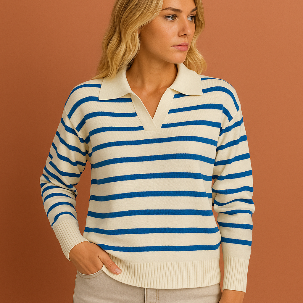 Women’s long sleeve polo in blue with striped design, soft and comfortable for casual and stylish outfits.