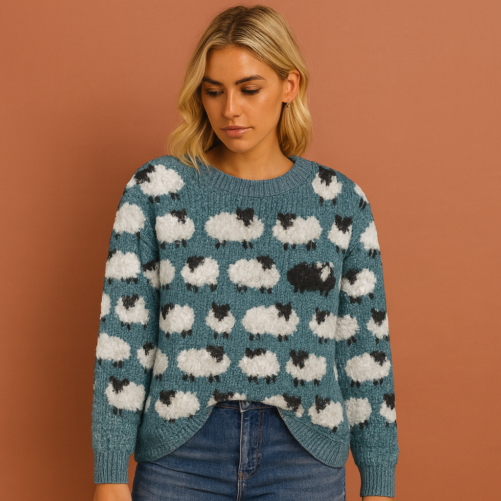 Women’s retro knitted jumper in blue with sheep pattern, soft and comfortable for casual and stylish outfits.