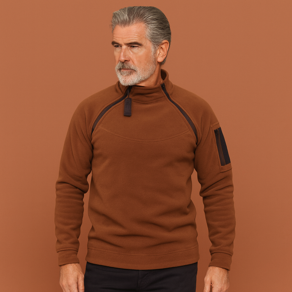 Men’s windproof tactical fleece sweater in brown, soft and comfortable for outdoor and casual outfits.