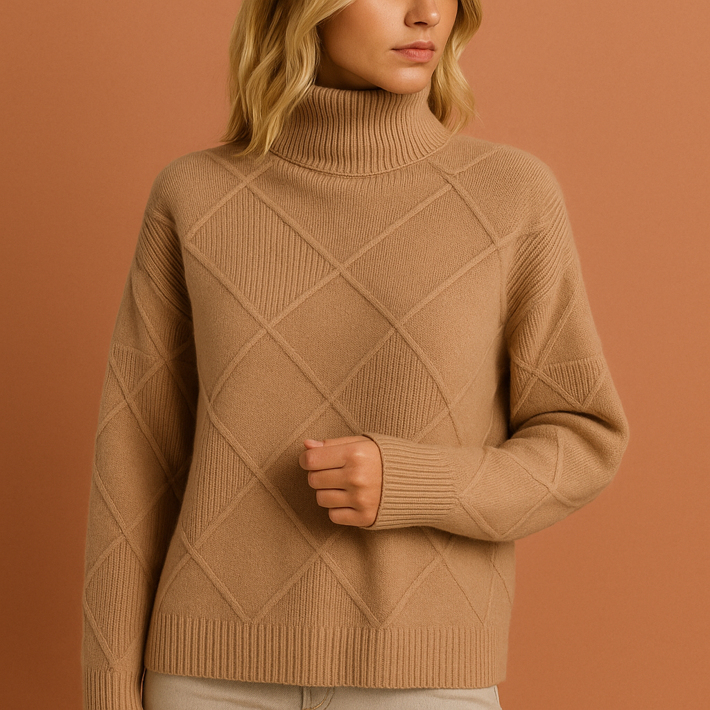 Women’s turtleneck jumper in brown with geometric pattern, soft and comfortable for casual and stylish outfits.