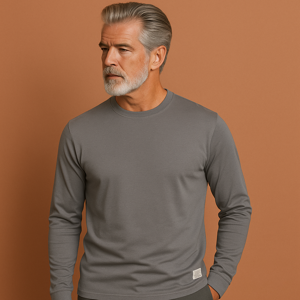 Men’s crew neck sweater in dark grey with long sleeves, soft and comfortable for casual and stylish outfits.