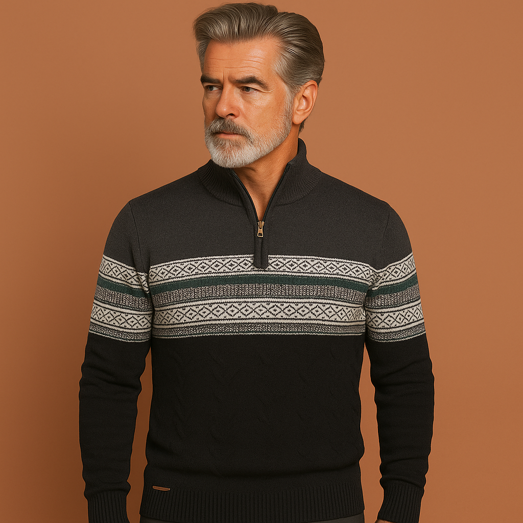 Men’s knitted jumper in dark grey with Nordic pattern and half zipper, soft and comfortable for casual and stylish outfits.Fashion