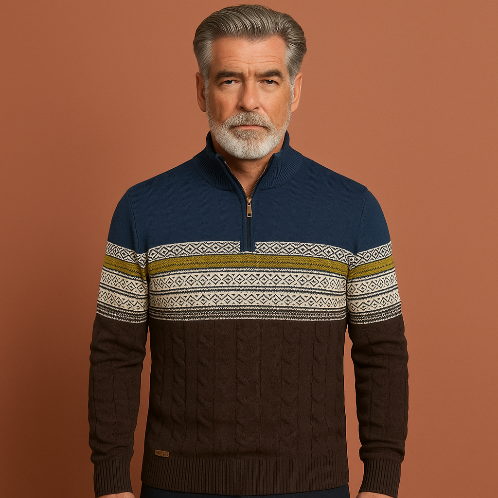 Men’s knitted jumper in denim blue with Nordic pattern and half zipper, soft and comfortable for casual and stylish outfits.Fashion