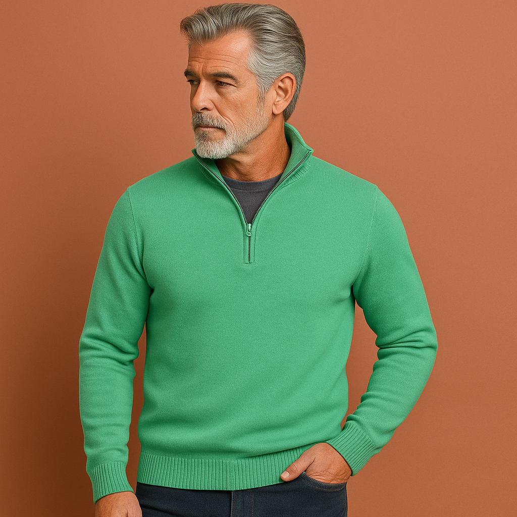 Men’s quarter-zip sweater in green with classic design, soft and comfortable for casual and stylish outfits.