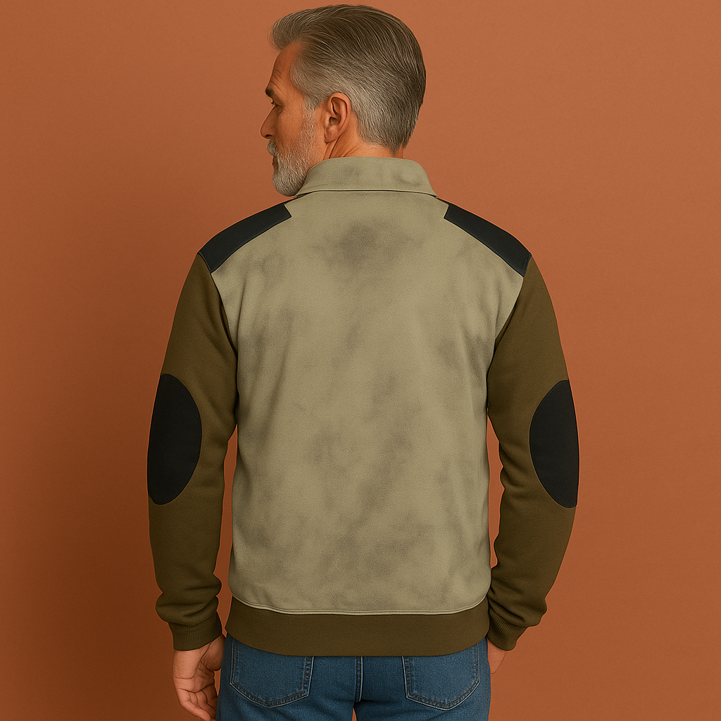 Men’s vintage half-zip sweater in green with contrasting shoulders, soft and comfortable for casual and stylish outfits.