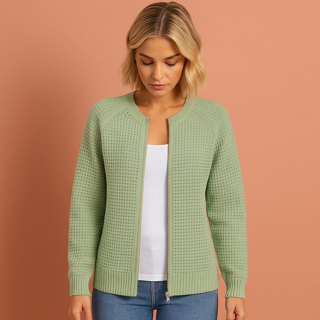 Women’s knitted zip cardigan in green with round neck and modern design, soft and comfortable for casual and stylish outfits.