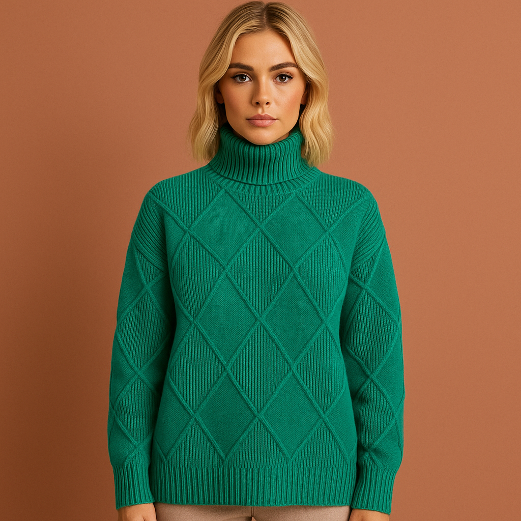 Women’s turtleneck jumper in green with geometric pattern, soft and comfortable for casual and stylish outfits.