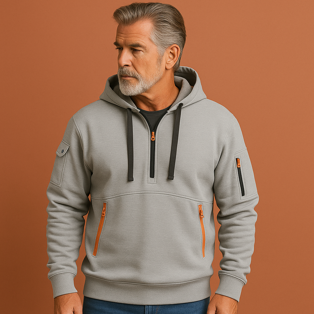 Men’s functional hoodie in grey with multiple pockets, soft and comfortable for casual and outdoor outfits.