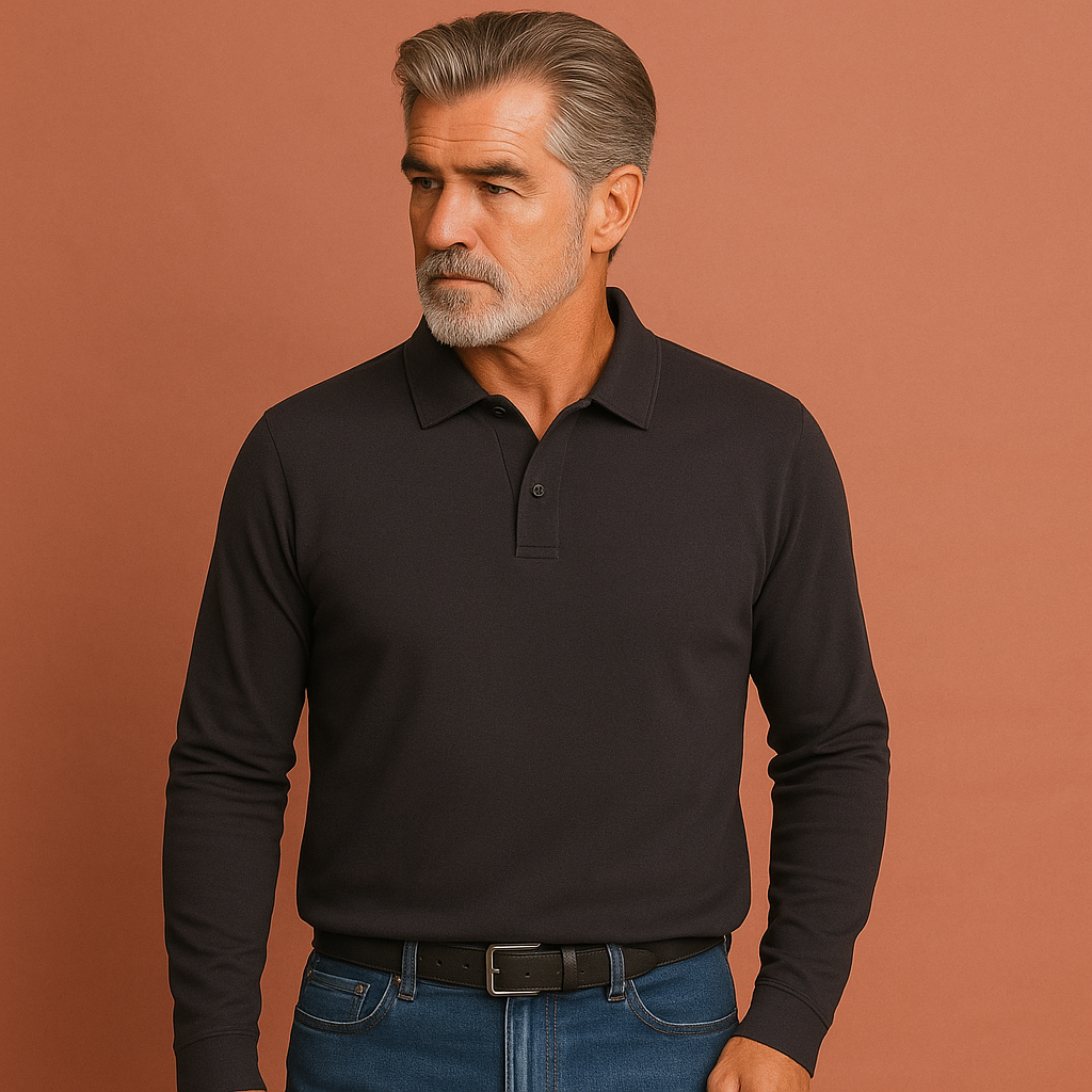 Men’s long sleeve polo in grey with timeless design, soft and comfortable for casual and stylish outfits.