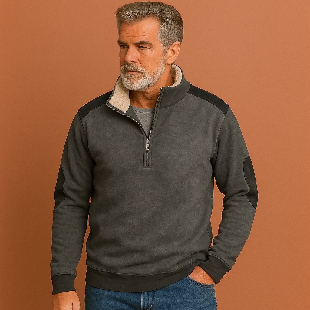Men’s vintage half-zip sweater in grey with contrasting shoulders, soft and comfortable for casual and stylish outfits.