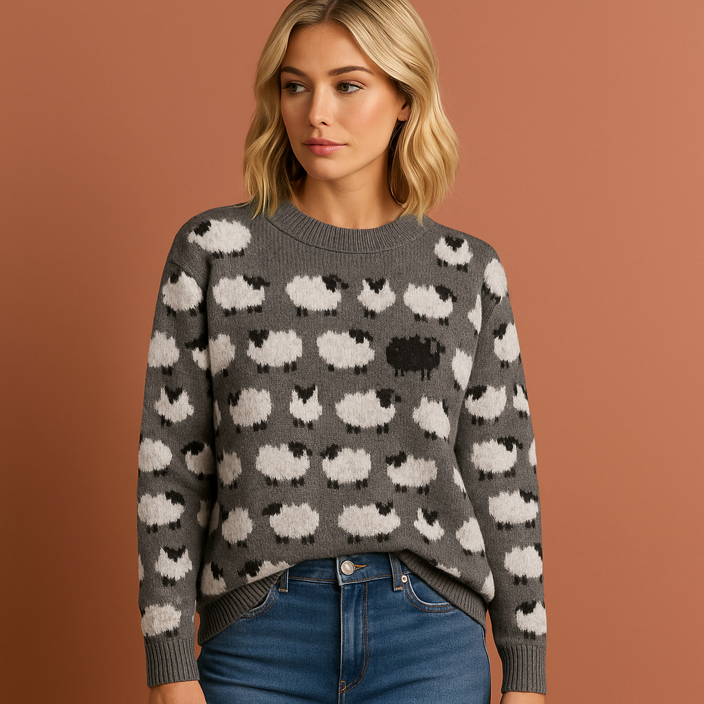 Women’s retro knitted jumper in grey with sheep pattern, soft and comfortable for casual and stylish outfits.