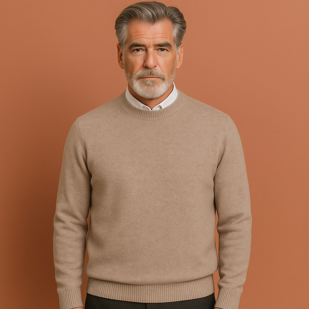 Men’s classic sweater in khaki with timeless design, lightweight and comfortable for elegant everyday wear.