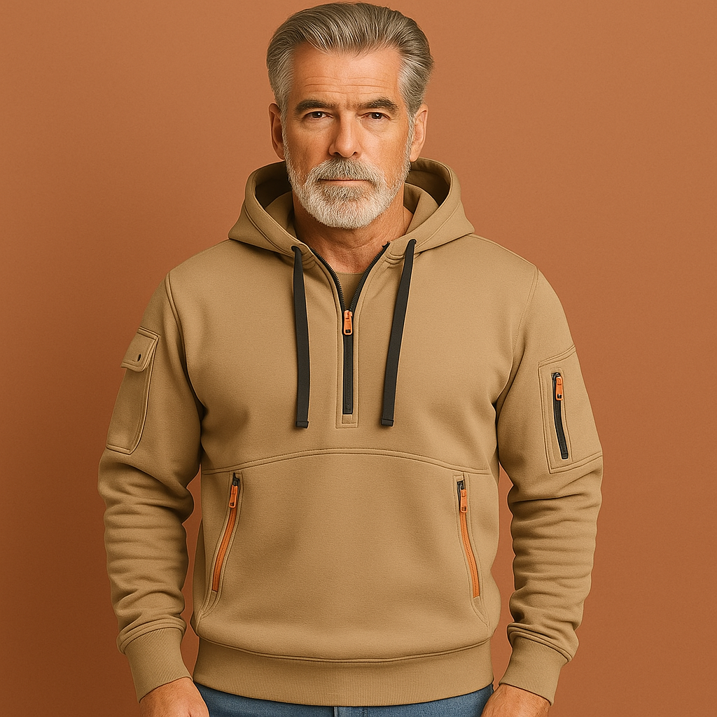 Men’s functional hoodie in khaki with multiple pockets, soft and comfortable for casual and outdoor outfits.