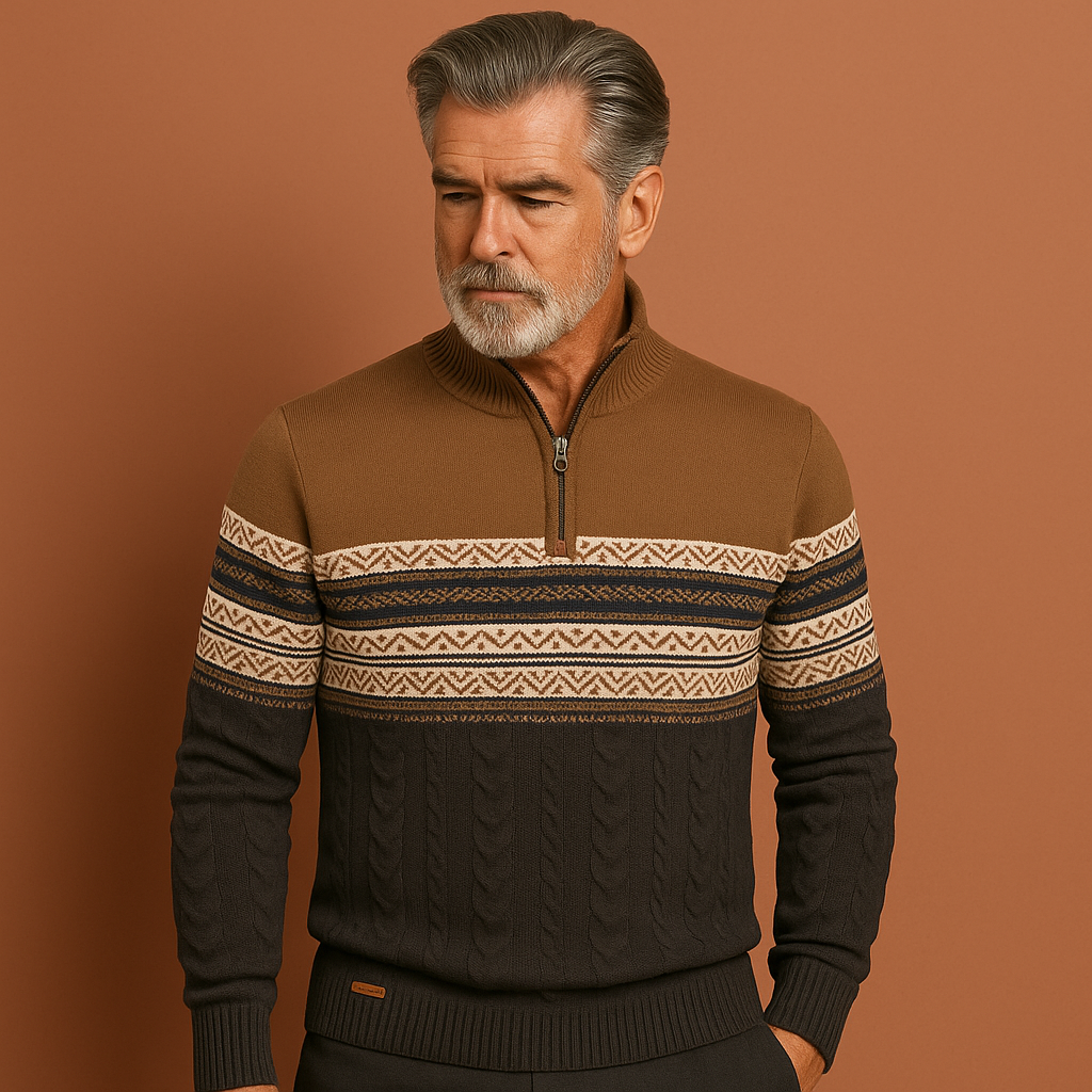 Men’s knitted jumper in khaki with Nordic pattern and half zipper, soft and comfortable for casual and stylish outfits.Fashion