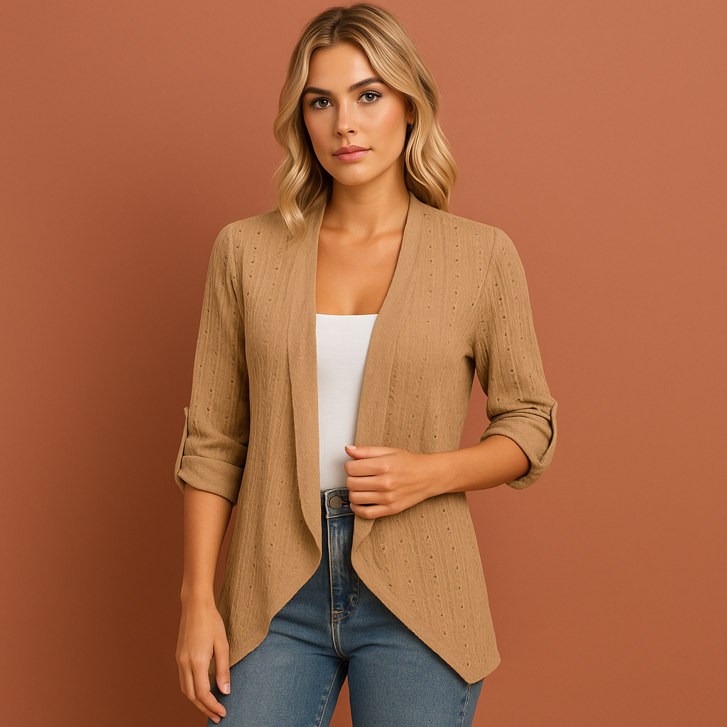 Women’s crochet cardigan in khaki with open front, airy and stylish for casual and bohemian outfits.
