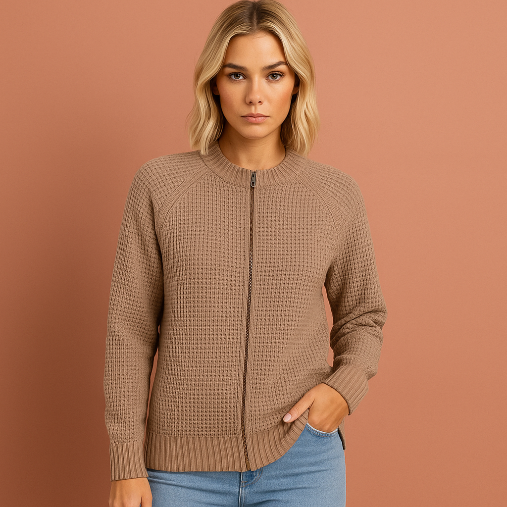 Women’s knitted zip cardigan in khaki with round neck and modern design, soft and comfortable for casual and stylish outfits.