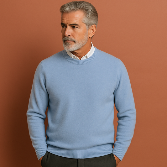 Men’s classic sweater in light blue with timeless design, lightweight and comfortable for elegant everyday wear.