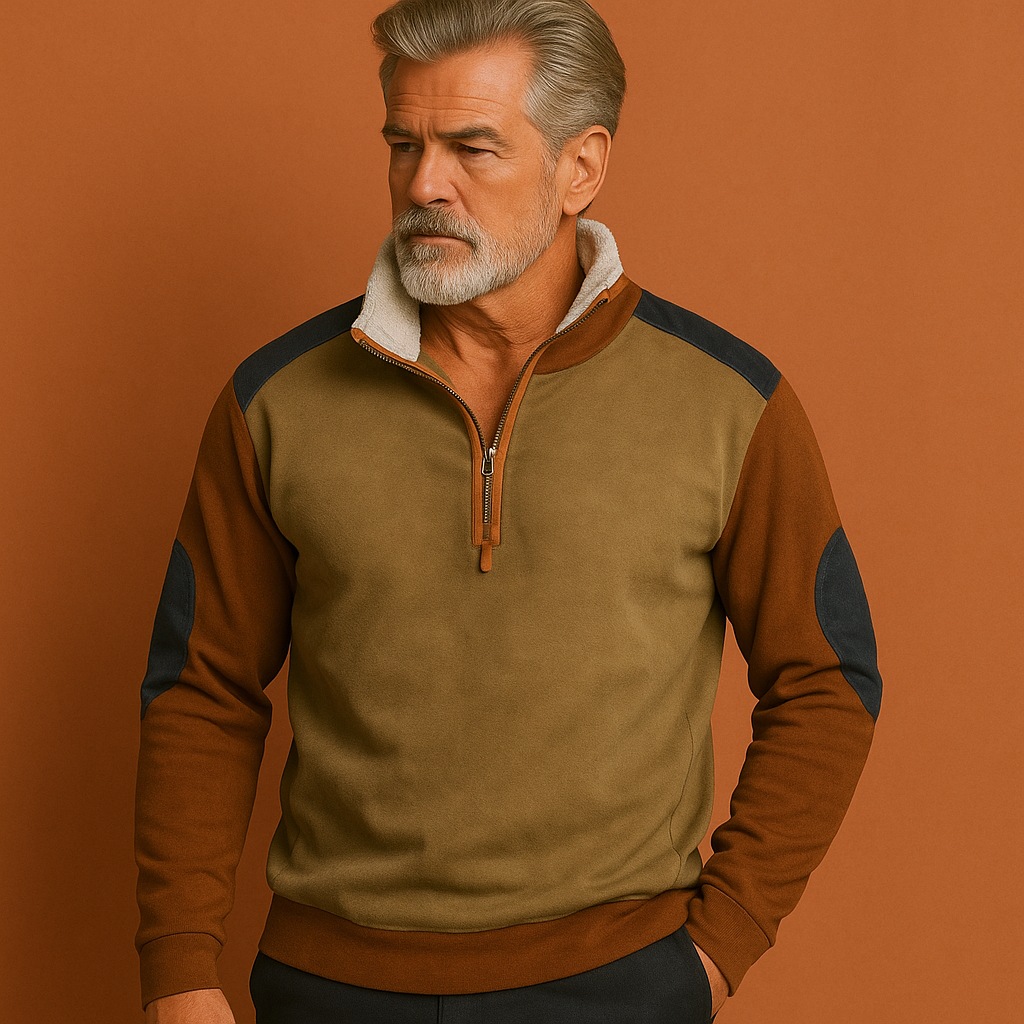 Men’s vintage half-zip sweater in light brown with contrasting shoulders, soft and comfortable for casual and stylish outfits.