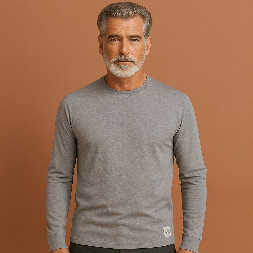 Men’s crew neck sweater in light grey with long sleeves, soft and comfortable for casual and stylish outfits.