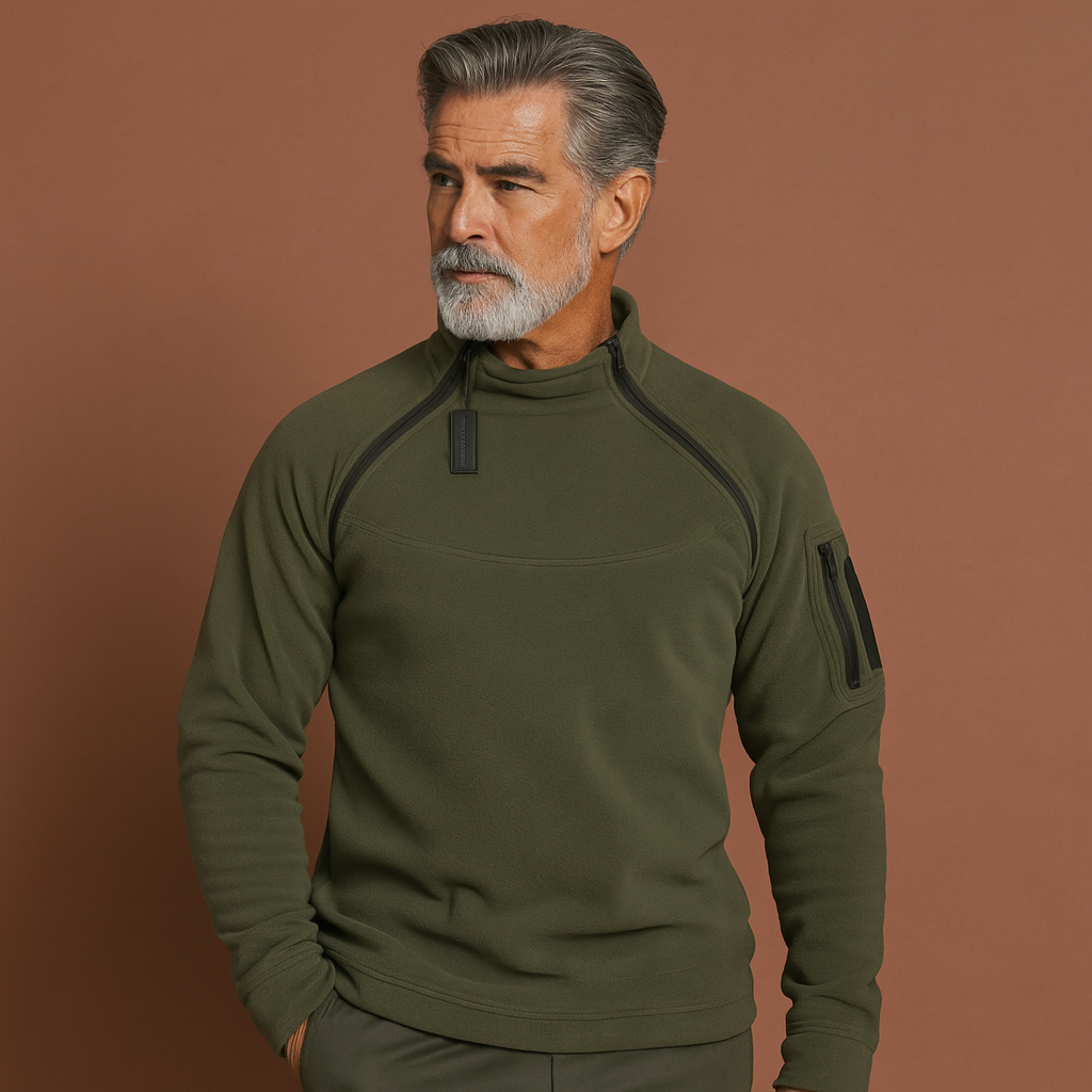 Men’s windproof tactical fleece sweater in military green, soft and comfortable for outdoor and casual outfits.