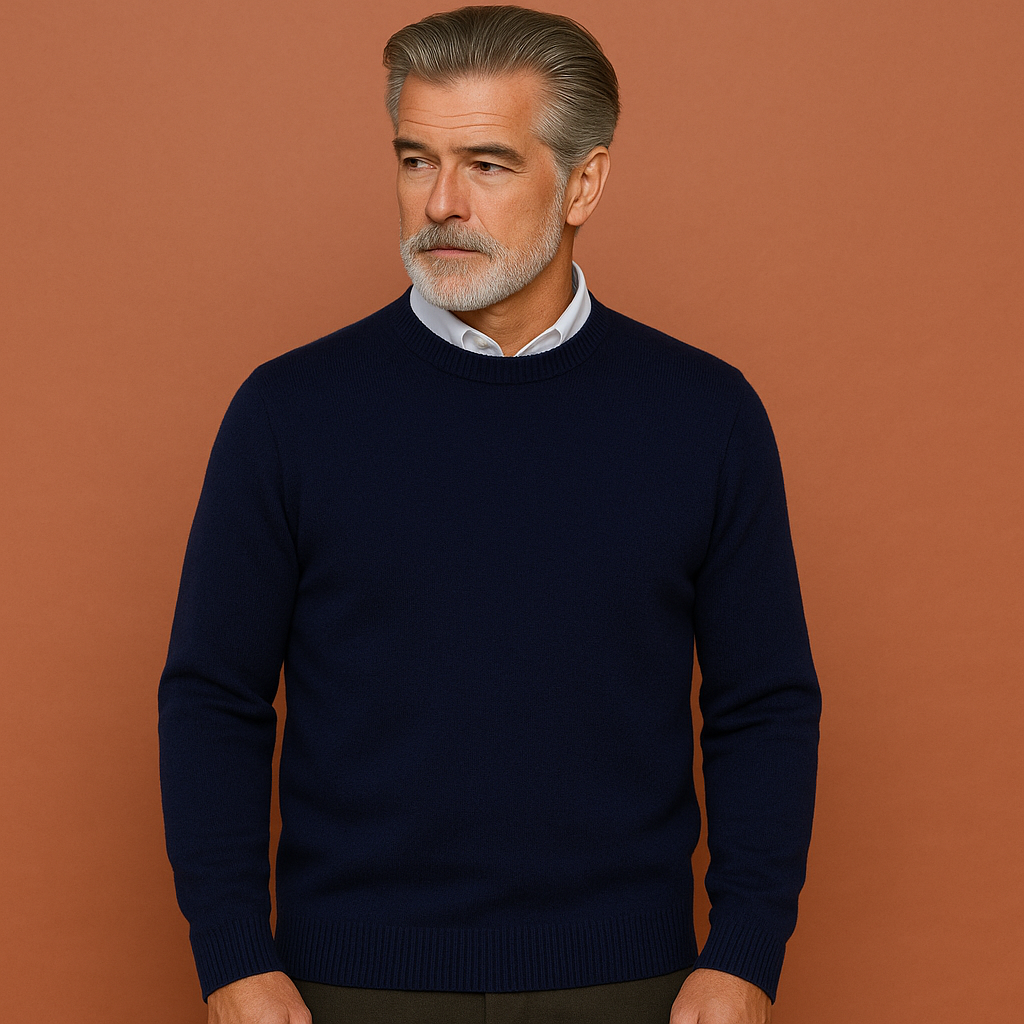 Men’s classic sweater in navy blue with timeless design, lightweight and comfortable for elegant everyday wear.
