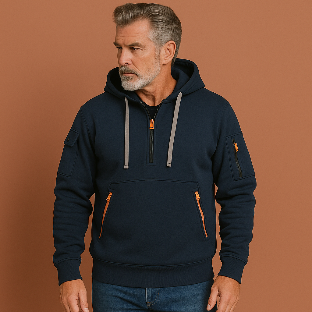 Men’s functional hoodie in navy blue with multiple pockets, soft and comfortable for casual and outdoor outfits.