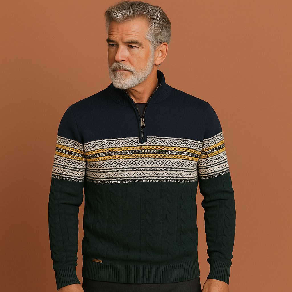 Men’s knitted jumper in navy blue with Nordic pattern and half zipper, soft and comfortable for casual and stylish outfits.