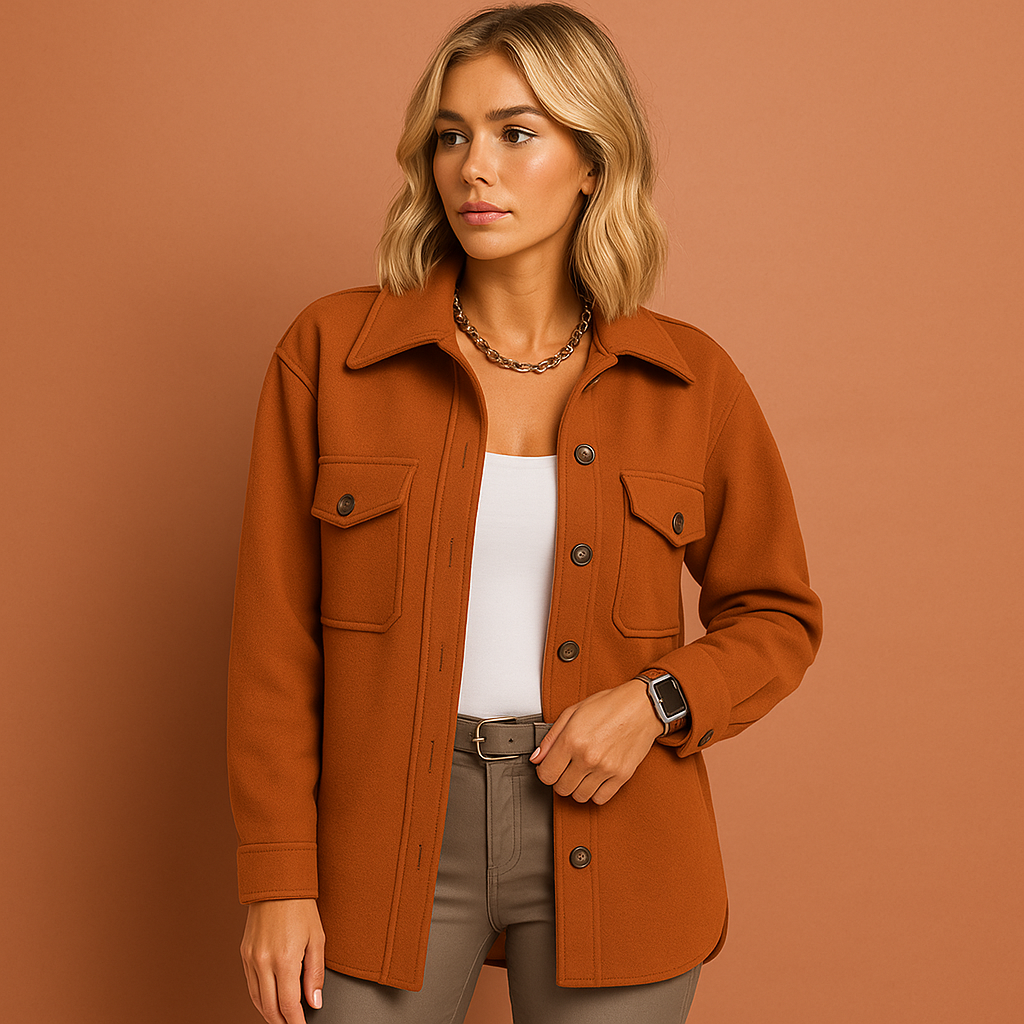 Women’s coat in orange with elegant cut, lightweight and comfortable for casual and chic autumn outfits.