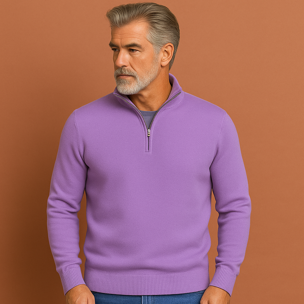 Men’s quarter-zip sweater in purple with classic design, soft and comfortable for casual and stylish outfits.