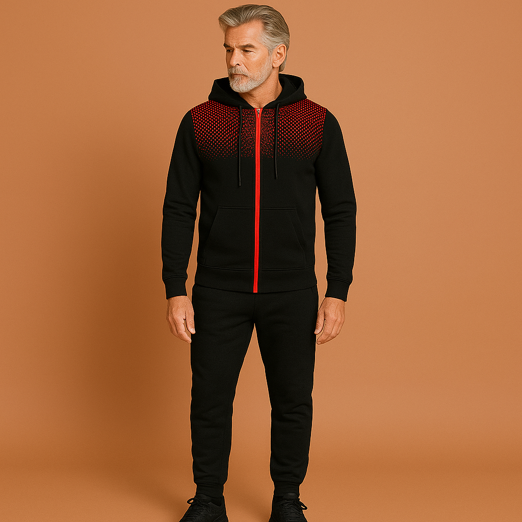 Men’s slim fit tracksuit in red with sporty design, breathable and comfortable for active and casual outfits.