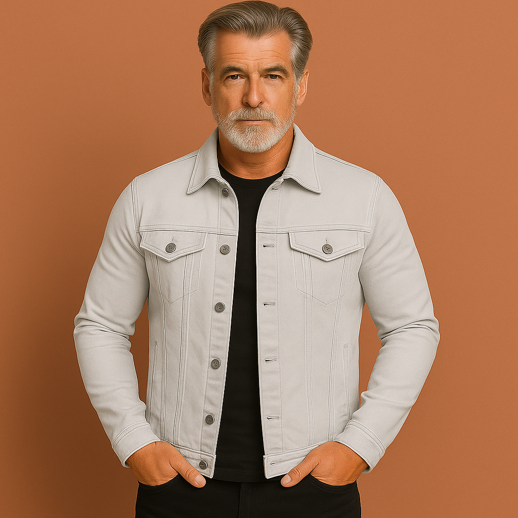 Men’s denim jacket in white with classic collar, soft and comfortable for casual and stylish outfits.