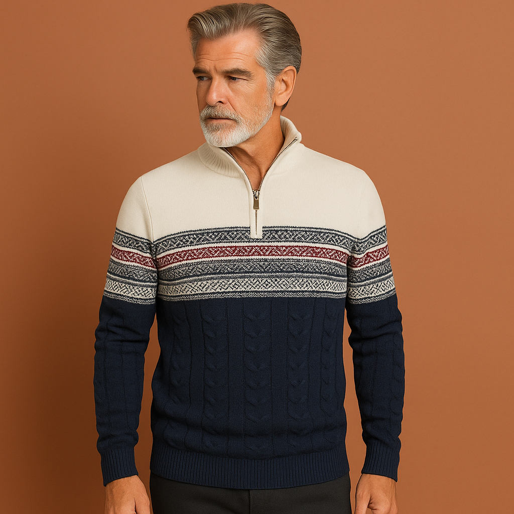 Men’s knitted jumper in white with Nordic pattern and half zipper, soft and comfortable for casual and stylish outfits.Fashion