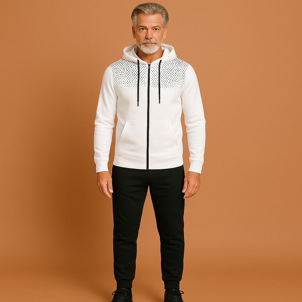 Men’s slim fit tracksuit in white with sporty design, breathable and comfortable for active and casual outfits.