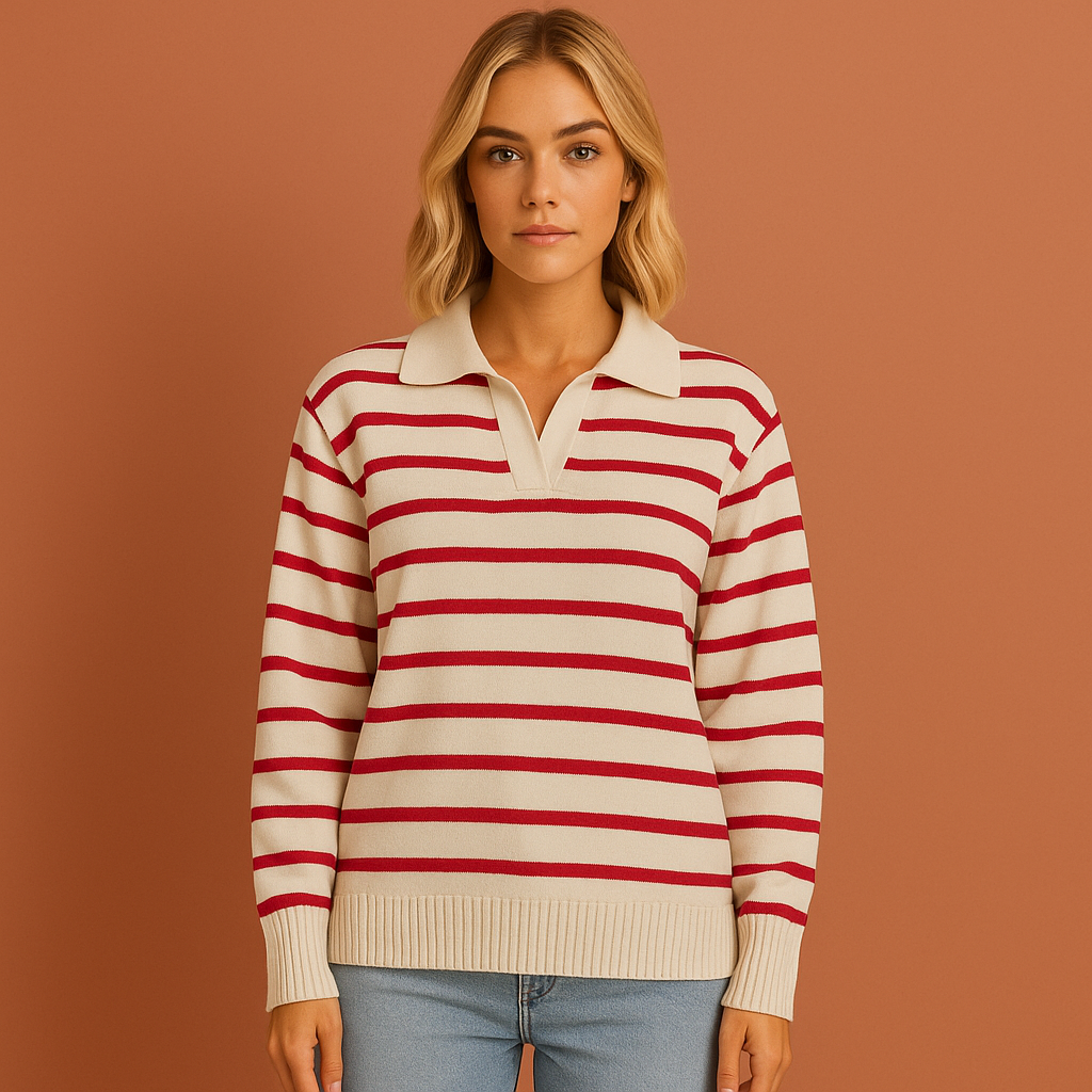 Women’s long sleeve polo in wine red with striped design, soft and comfortable for casual and stylish outfits.
