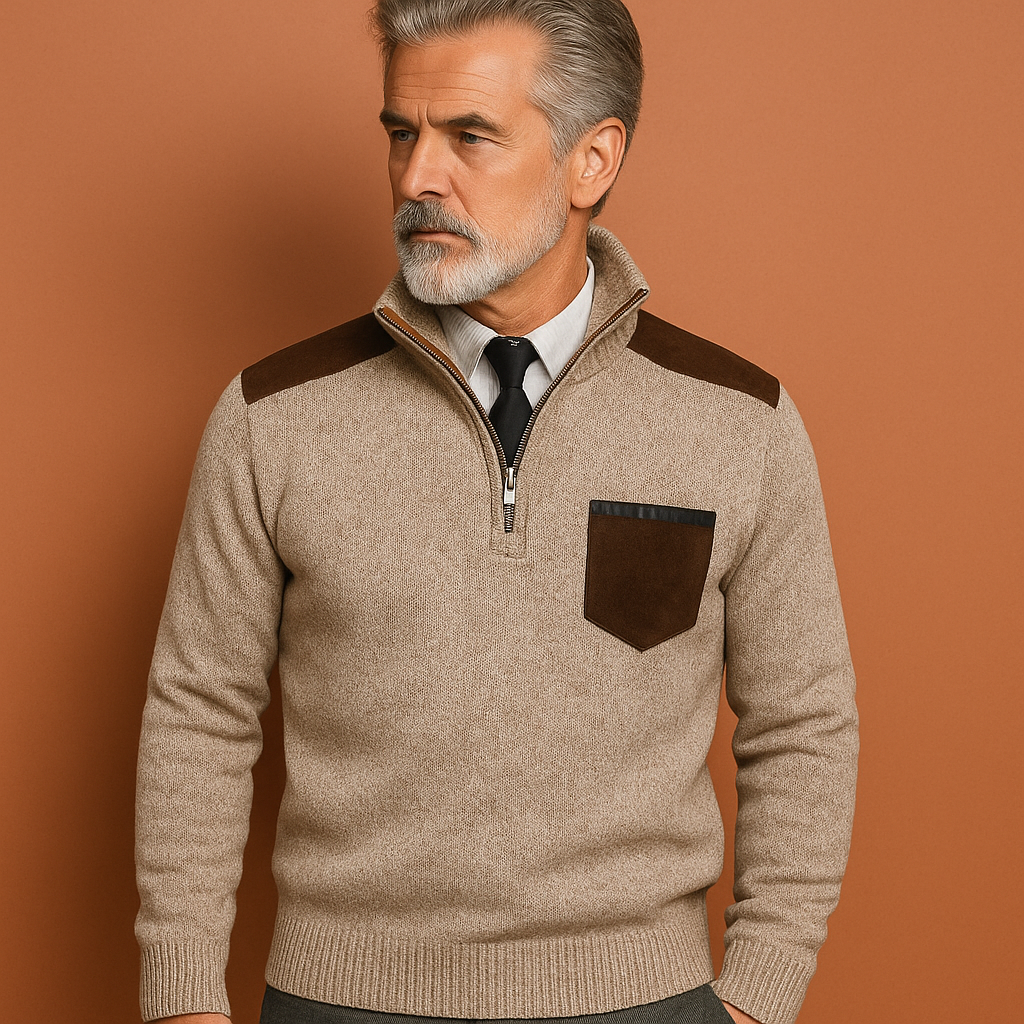 Men’s pullover sweater in beige with chest pocket and half-zip collar, soft and comfortable for casual and stylish outfits.
