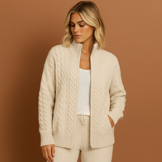 Women’s high-neck cardigan in beige with elegant design, soft and comfortable for casual and stylish outfits.