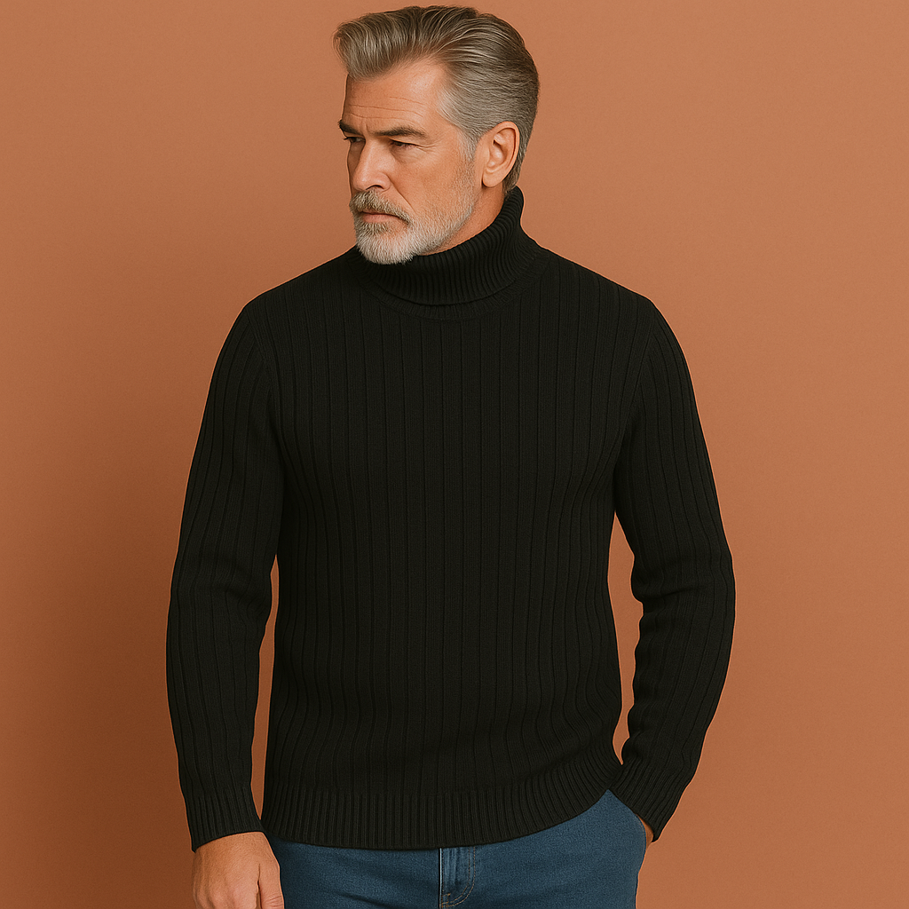 Men’s turtleneck sweater in black with minimalist design, soft and comfortable for casual and stylish outfits.